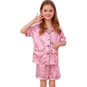 SWOMOG Girls Pajamas Silk Satin Pajama Set Short Sleeve Button Down Sleepwear Soft Cute PJs with Ruffle Shorts Loungewear(Leopard Print)
