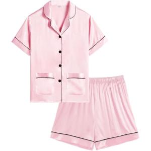 SWOMOG Girls Pajamas Silk Satin Pajama Set Short Sleeve Button Down Sleepwear Soft Cute PJs with Ruffle Shorts Loungewear(Light Pink)