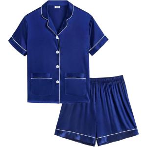 SWOMOG Girls Pajamas Silk Satin Pajama Set Short Sleeve Button Down Sleepwear Soft Cute PJs with Ruffle Shorts Loungewear(Midnight Blue)