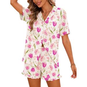 SWOMOG Woman Pajama Set Short Sleeve Pjs Set 2Pcs Short Pajamas Button Down Ruffle Hem Sleepwear Soft Modal Loungewear(Apricot Tulip)