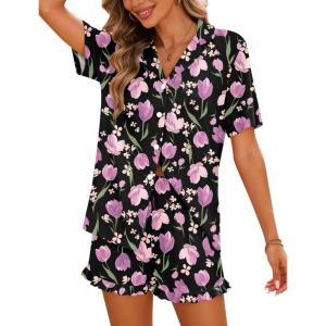 SWOMOG Woman Pajama Set Short Sleeve Pjs Set 2Pcs Short Pajamas Button Down Ruffle Hem Sleepwear Soft Modal Loungewear(Black Tulip)