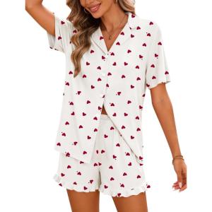 SWOMOG Woman Pajama Set Short Sleeve Pjs Set 2Pcs Short Pajamas Button Down Ruffle Hem Sleepwear Soft Modal Loungewear(White Heart)