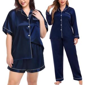 SWOMOG Women Plus Size Pajama Set 4pcs Silk Satin Sleepwear Button Down Pjs Cami Shorts Set Loose Loungewear 16W-26W(Dark Midnight Blue)