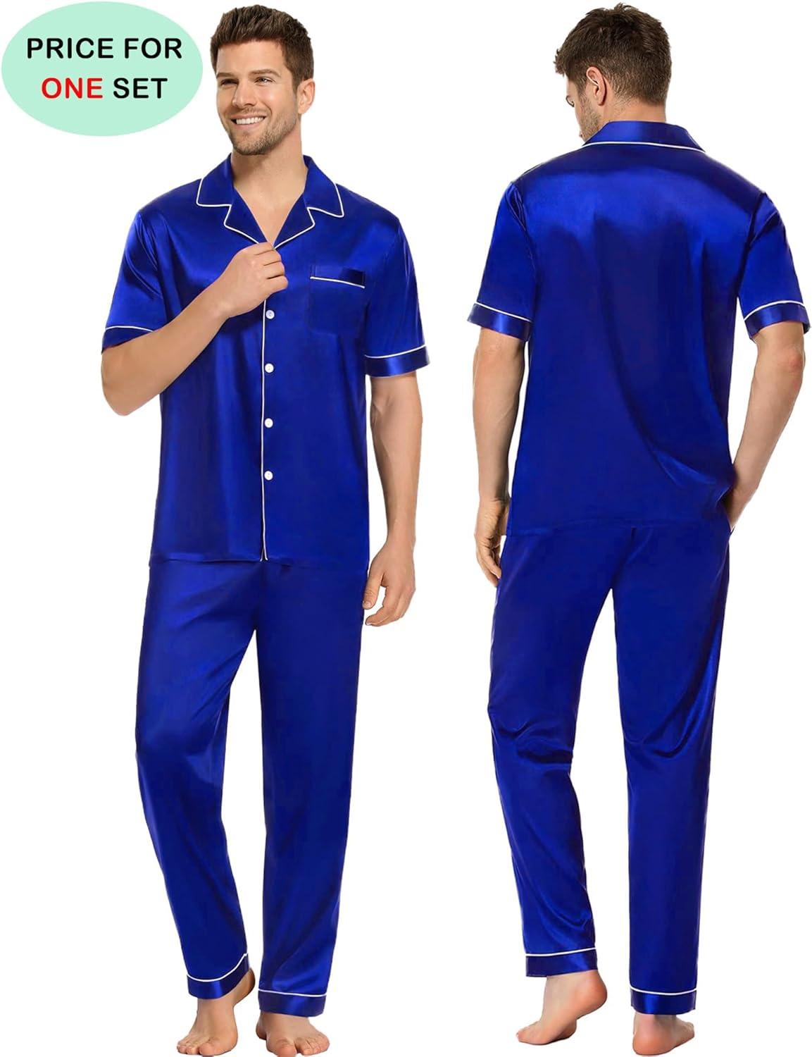 imageSWOMOG Couples Pajamas Sets Women amp Men Satin Short Sleeve Sleepwear Button Down Loungewear Pjs Set with Long PantsBlue