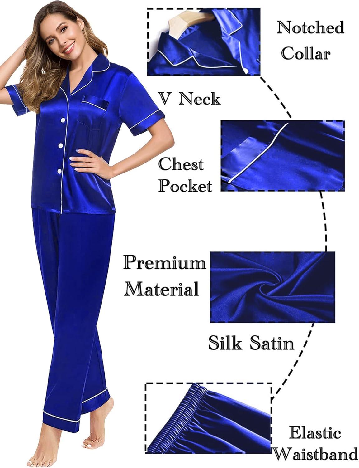 imageSWOMOG Couples Pajamas Sets Women amp Men Satin Short Sleeve Sleepwear Button Down Loungewear Pjs Set with Long PantsBlue