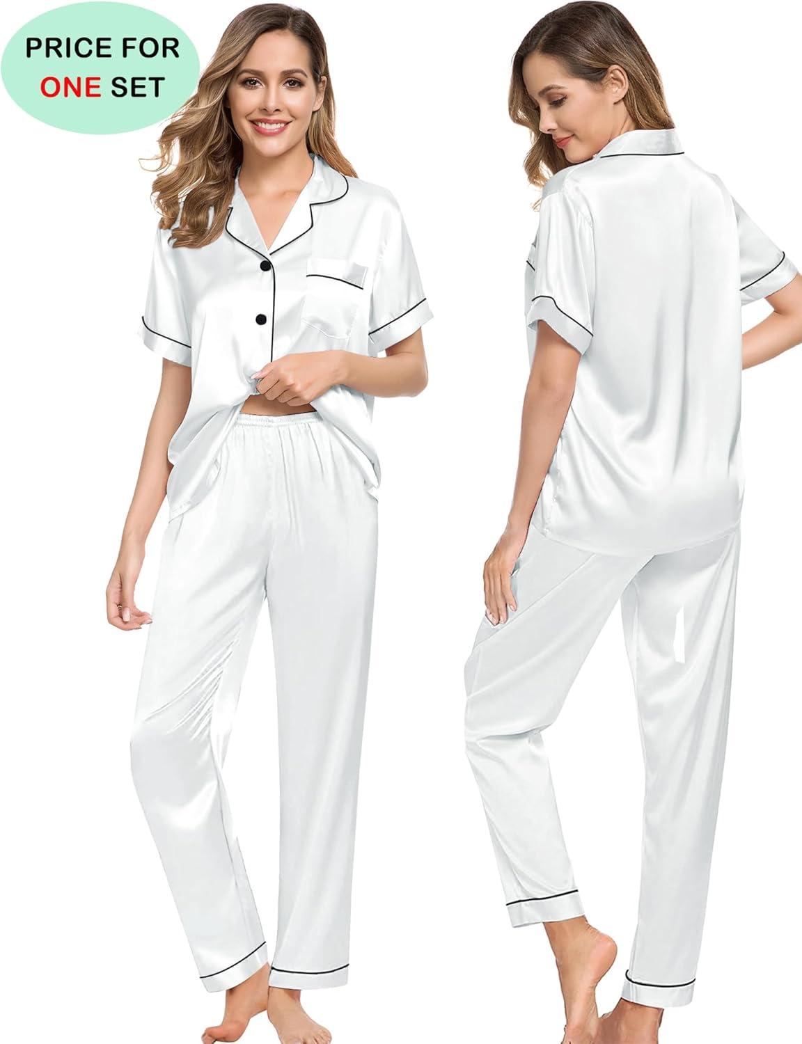 imageSWOMOG Couples Pajamas Sets Women amp Men Satin Short Sleeve Sleepwear Button Down Loungewear Pjs Set with Long PantsWhite