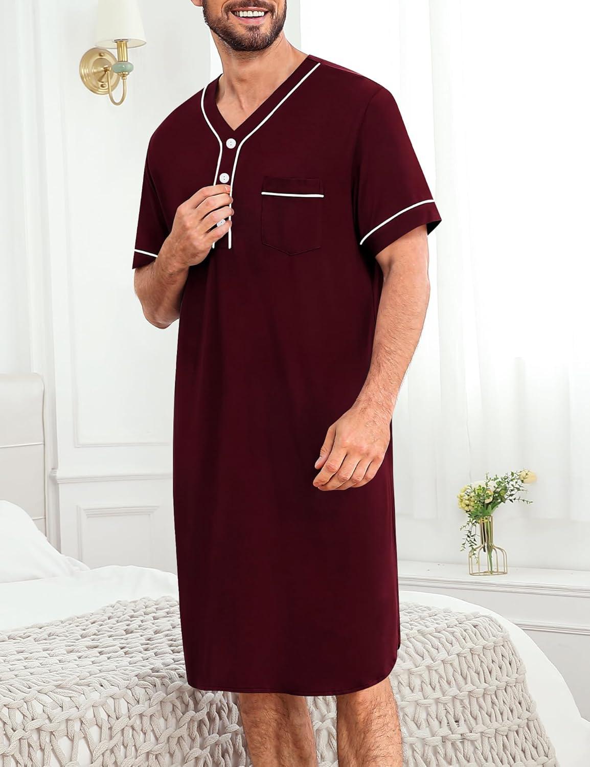 imageSWOMOG Mens Nightgown Short Sleeve Lounge Sleep Henley Shirt Pajama Big amp Tall Nightshirt Comfy Nightwear M3XLDeep Grape Purple