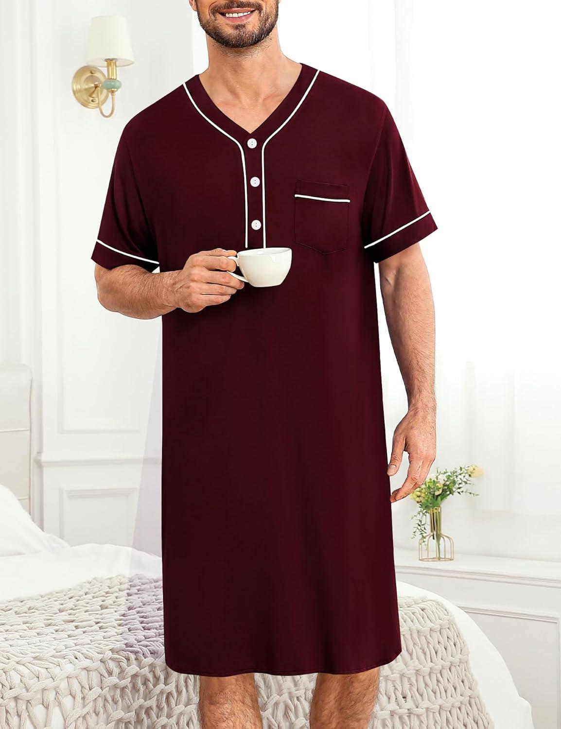 imageSWOMOG Mens Nightgown Short Sleeve Lounge Sleep Henley Shirt Pajama Big amp Tall Nightshirt Comfy Nightwear M3XLDeep Grape Purple