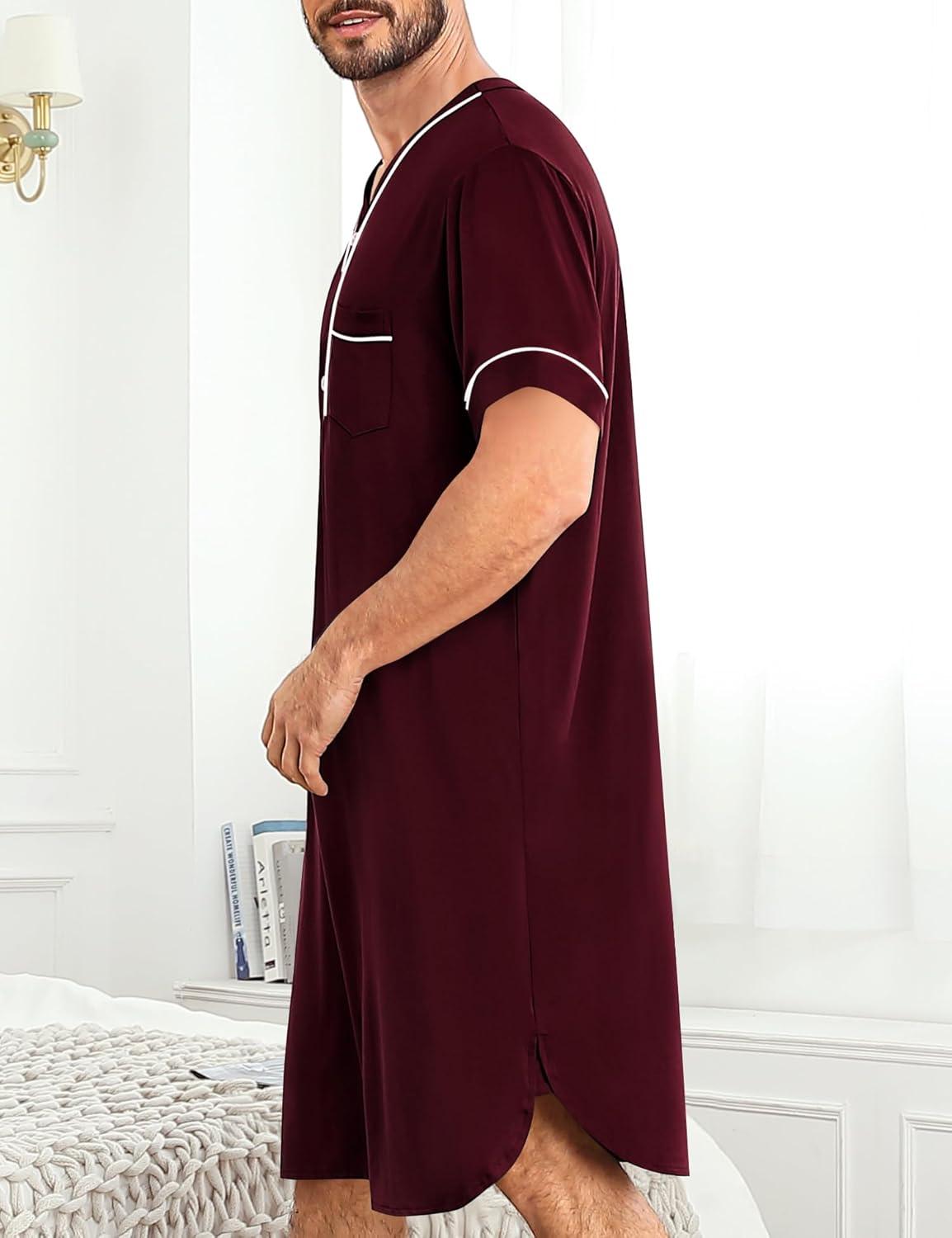 imageSWOMOG Mens Nightgown Short Sleeve Lounge Sleep Henley Shirt Pajama Big amp Tall Nightshirt Comfy Nightwear M3XLDeep Grape Purple
