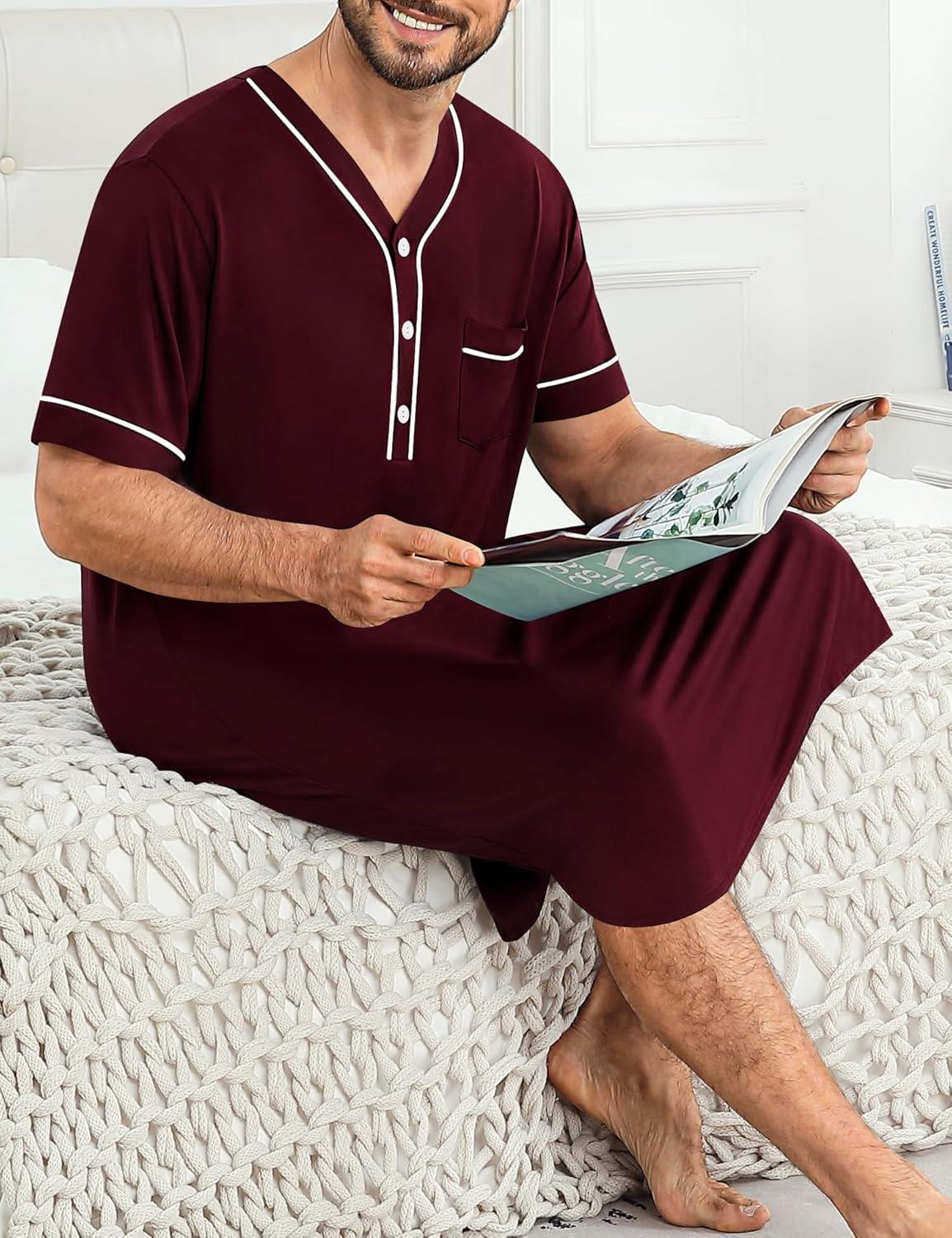 imageSWOMOG Mens Nightgown Short Sleeve Lounge Sleep Henley Shirt Pajama Big amp Tall Nightshirt Comfy Nightwear M3XLDeep Grape Purple