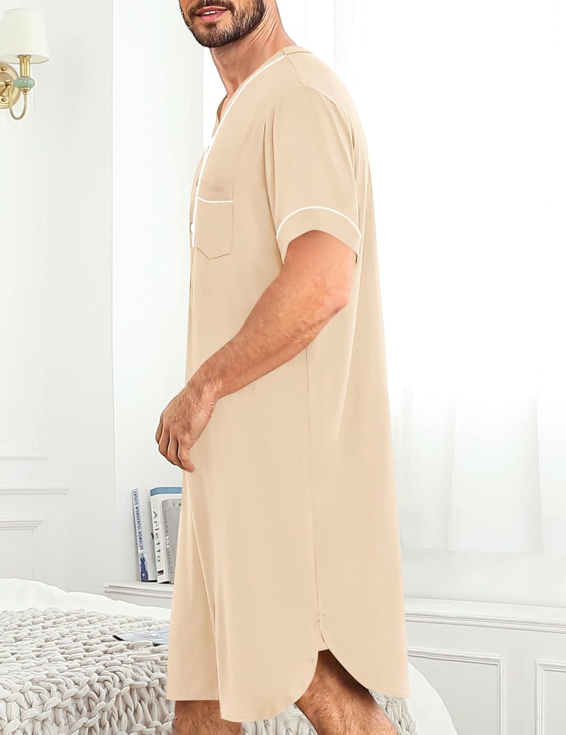 imageSWOMOG Mens Nightgown Short Sleeve Lounge Sleep Henley Shirt Pajama Big amp Tall Nightshirt Comfy Nightwear M3XLKhaki