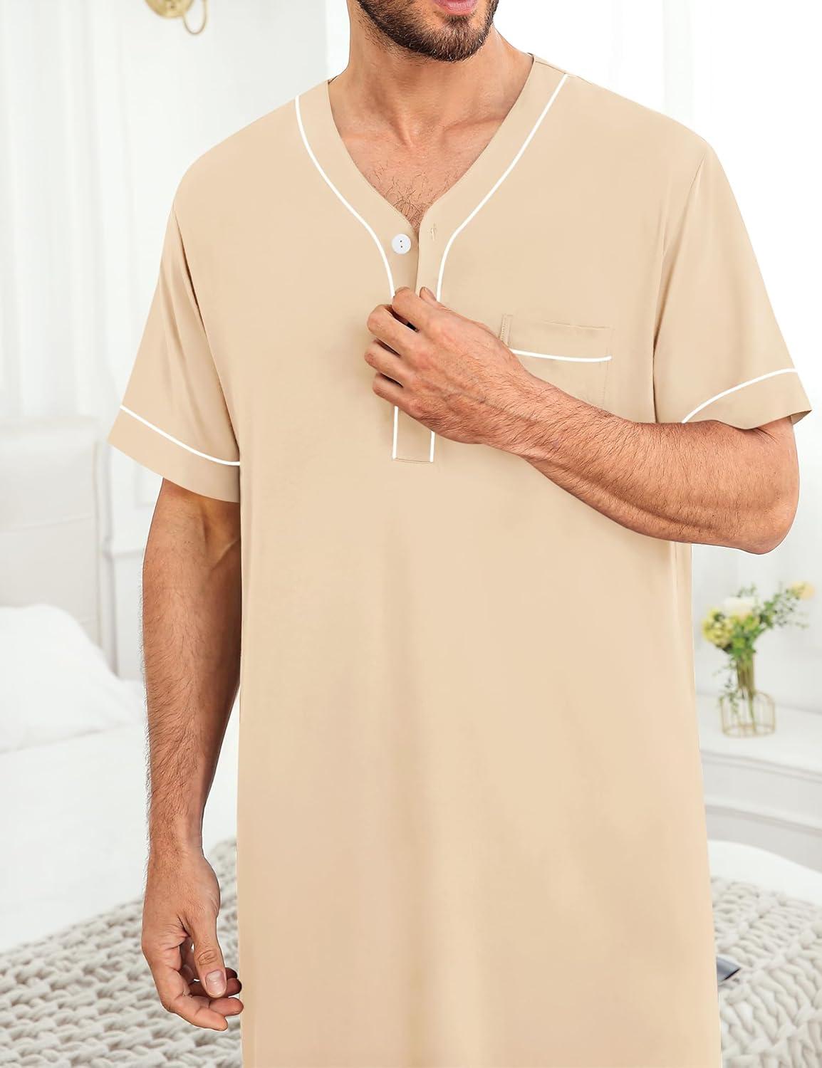 imageSWOMOG Mens Nightgown Short Sleeve Lounge Sleep Henley Shirt Pajama Big amp Tall Nightshirt Comfy Nightwear M3XLKhaki