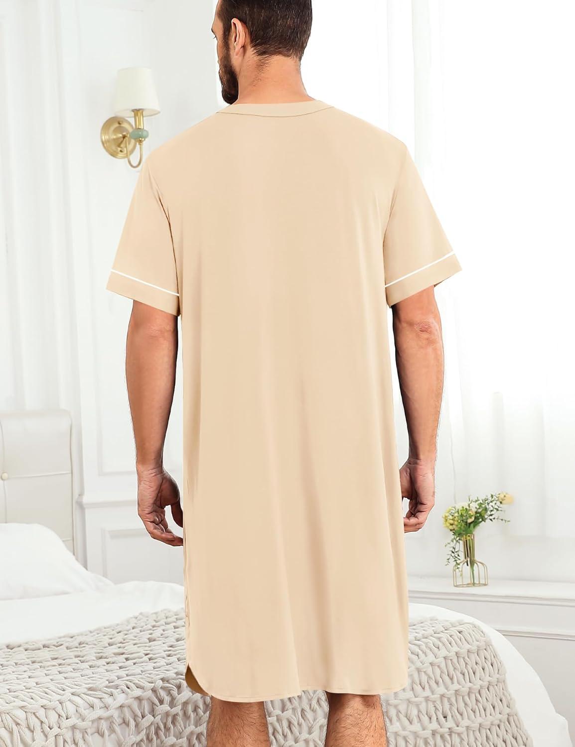 imageSWOMOG Mens Nightgown Short Sleeve Lounge Sleep Henley Shirt Pajama Big amp Tall Nightshirt Comfy Nightwear M3XLKhaki