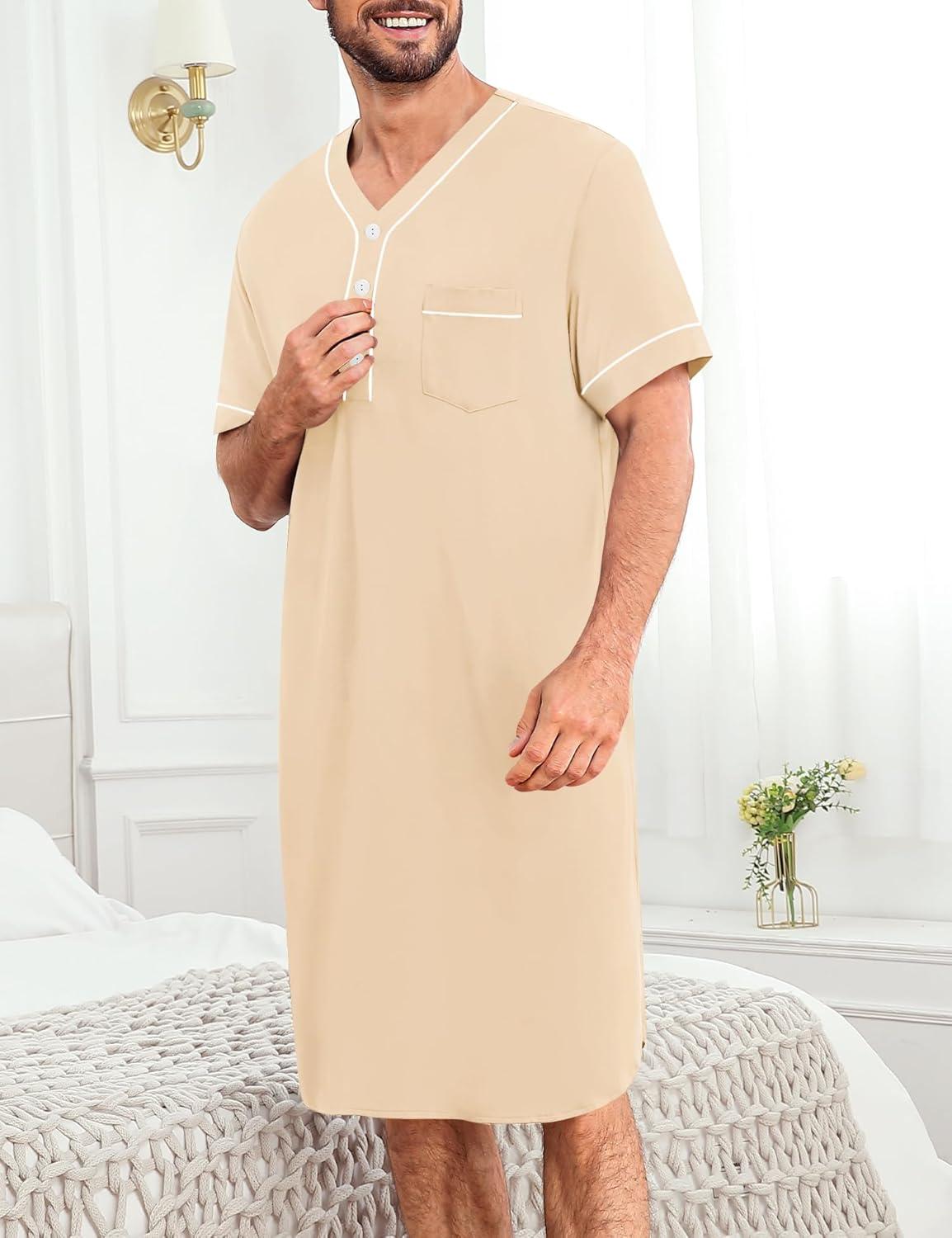 imageSWOMOG Mens Nightgown Short Sleeve Lounge Sleep Henley Shirt Pajama Big amp Tall Nightshirt Comfy Nightwear M3XLKhaki