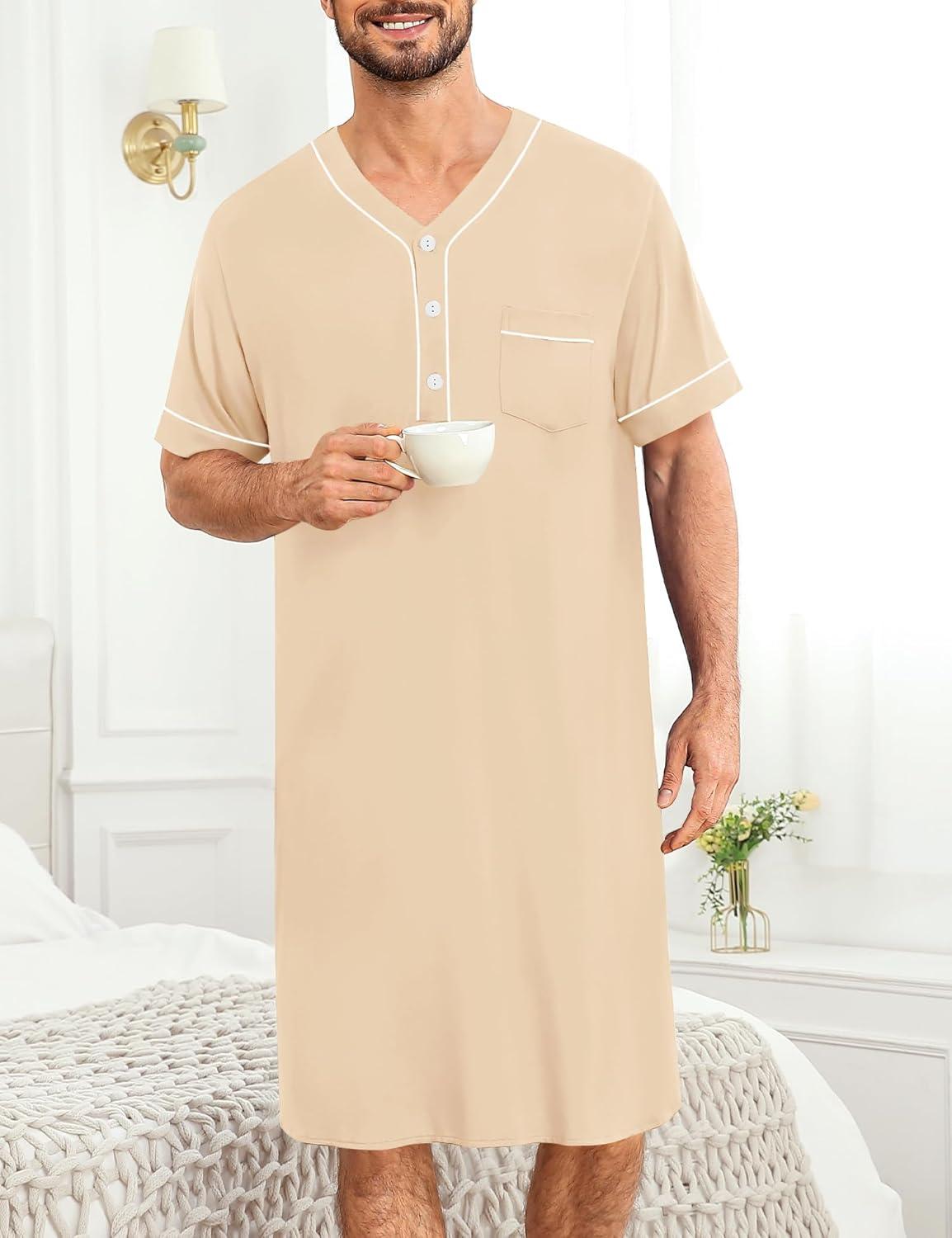 imageSWOMOG Mens Nightgown Short Sleeve Lounge Sleep Henley Shirt Pajama Big amp Tall Nightshirt Comfy Nightwear M3XLKhaki