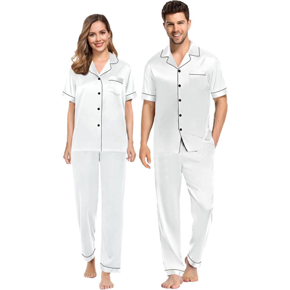 imageSWOMOG Couples Pajamas Sets Women amp Men Satin Short Sleeve Sleepwear Button Down Loungewear Pjs Set with Long PantsWhite