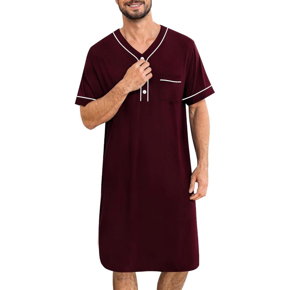 imageSWOMOG Mens Nightgown Short Sleeve Lounge Sleep Henley Shirt Pajama Big amp Tall Nightshirt Comfy Nightwear M3XLDeep Grape Purple