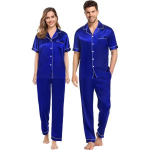 SWOMOG Couples Pajamas Sets Women & Men Satin Short Sleeve Sleepwear Button Down Loungewear Pjs Set with Long Pants(Blue)