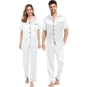 SWOMOG Couples Pajamas Sets Women & Men Satin Short Sleeve Sleepwear Button Down Loungewear Pjs Set with Long Pants(White)