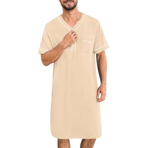 SWOMOG Mens Nightgown Short Sleeve Lounge, Sleep Henley Shirt Pajama Big & Tall Nightshirt Comfy Nightwear M-3XL(Khaki)