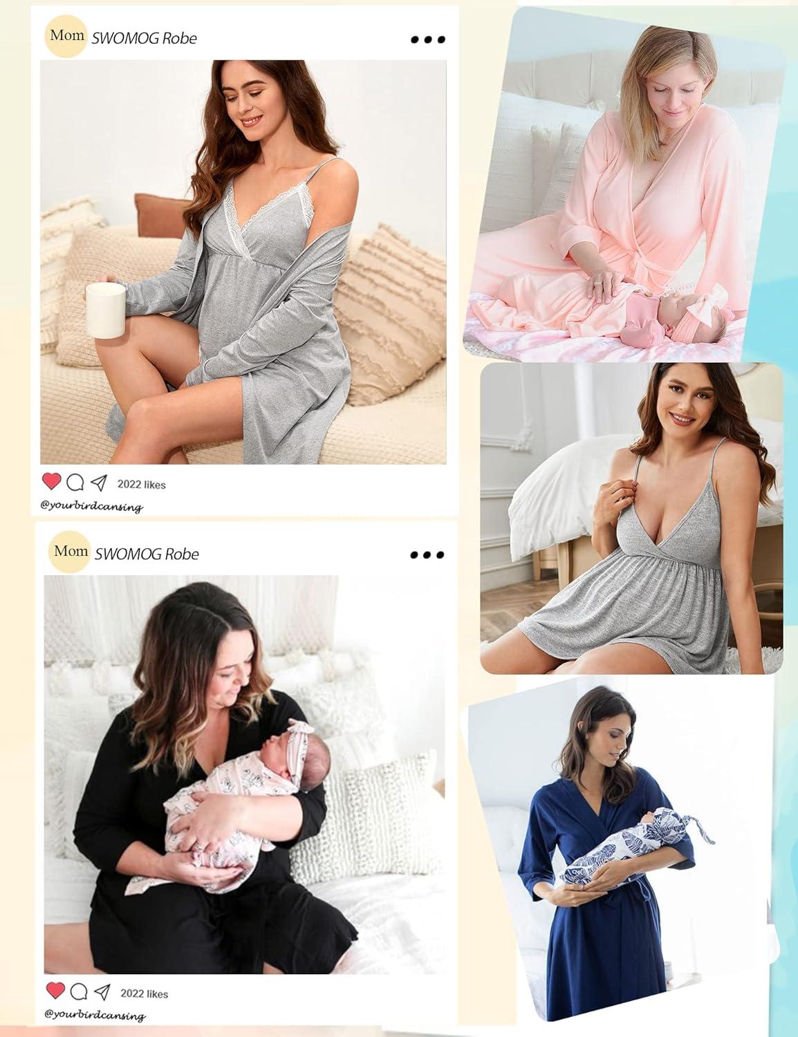 imageSWOMOG Womens Maternity Robe Set 3 Piece Nursing Pajamas for Breastfeeding 3 in 1 Labor Delivery Hospital Pregnancy Pjs GreyDeep Grey