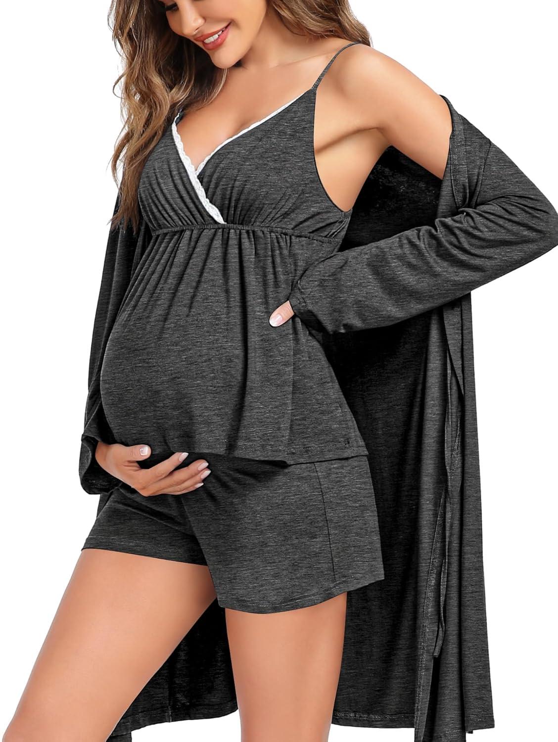 imageSWOMOG Womens Maternity Robe Set 3 Piece Nursing Pajamas for Breastfeeding 3 in 1 Labor Delivery Hospital Pregnancy Pjs GreyDeep Grey