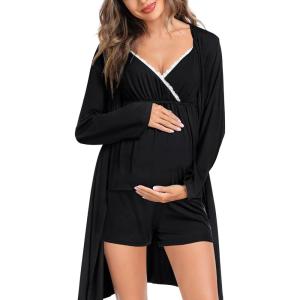 SWOMOG Womens Maternity Robe Set 3 Piece Nursing Pajamas for Breastfeeding 3 in 1 Labor Delivery Hospital Pregnancy Pjs Grey(Black)