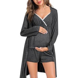 SWOMOG Womens Maternity Robe Set 3 Piece Nursing Pajamas for Breastfeeding 3 in 1 Labor Delivery Hospital Pregnancy Pjs Grey(Deep Grey)