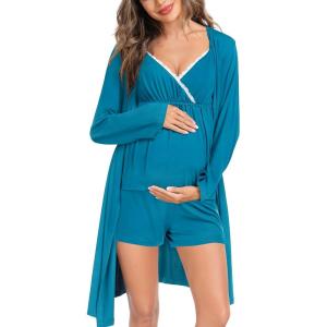SWOMOG Womens Maternity Robe Set 3 Piece Nursing Pajamas for Breastfeeding 3 in 1 Labor Delivery Hospital Pregnancy Pjs Grey(Peacock Blue)