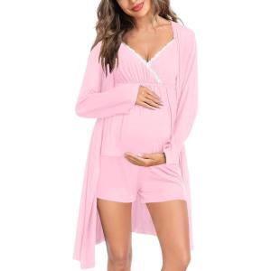 SWOMOG Womens Maternity Robe Set 3 Piece Nursing Pajamas for Breastfeeding 3 in 1 Labor Delivery Hospital Pregnancy Pjs Grey(Pink)