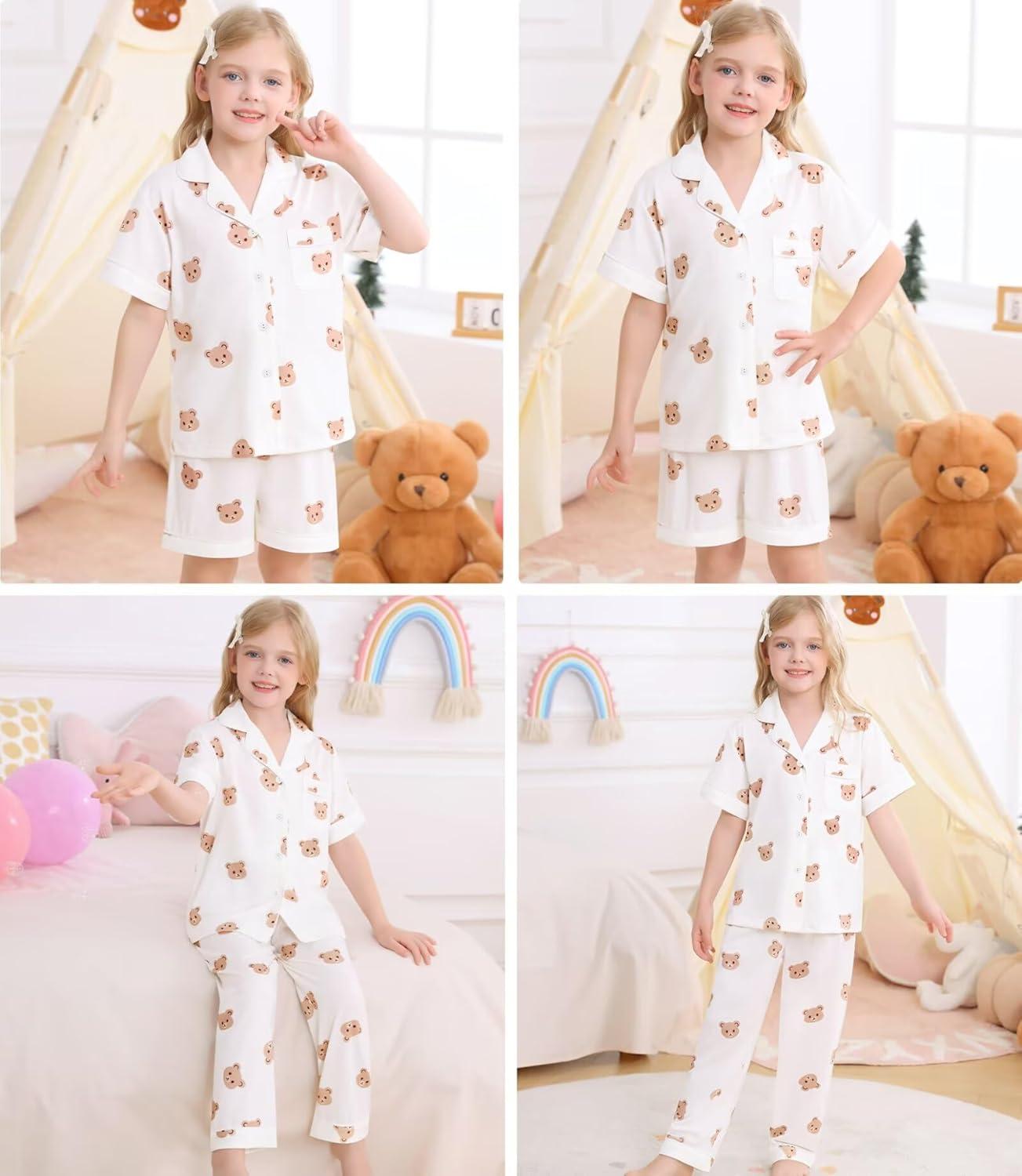 imageSWOMOG Big Girls Pajama Set 3PCS Button Dowm Sleepwear Short Sleeve with ShortampLong Pants PJs Cute Print LoungewearWhite Bear