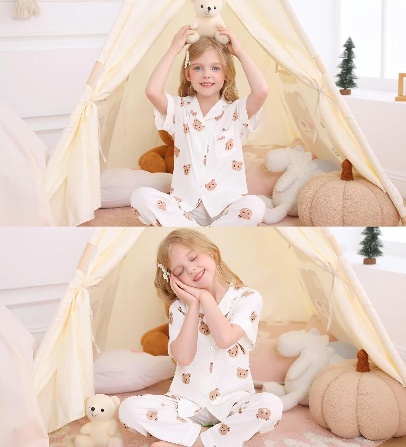 imageSWOMOG Big Girls Pajama Set 3PCS Button Dowm Sleepwear Short Sleeve with ShortampLong Pants PJs Cute Print LoungewearWhite Bear