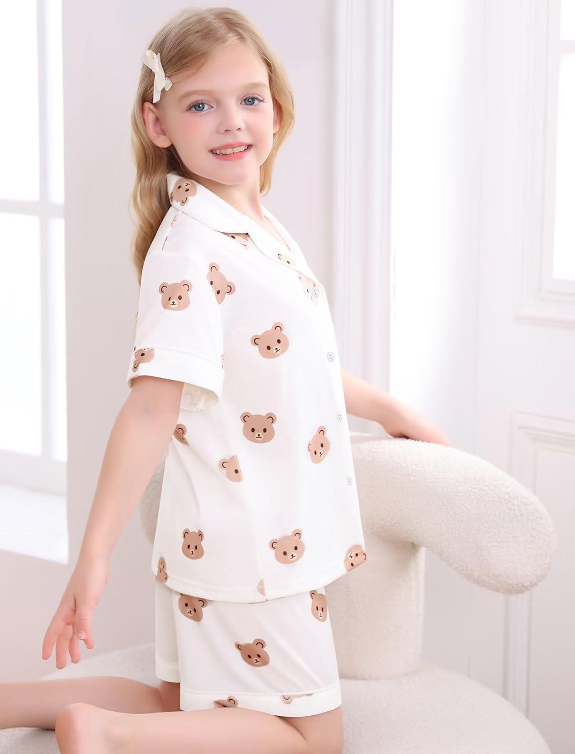 imageSWOMOG Big Girls Pajama Set 3PCS Button Dowm Sleepwear Short Sleeve with ShortampLong Pants PJs Cute Print LoungewearWhite Bear