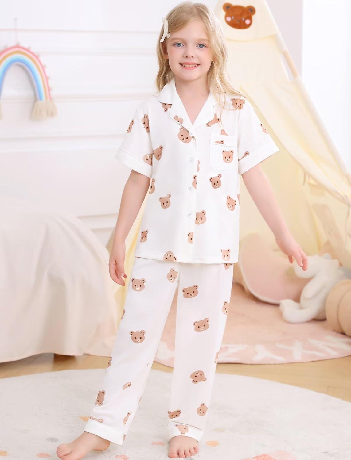 imageSWOMOG Big Girls Pajama Set 3PCS Button Dowm Sleepwear Short Sleeve with ShortampLong Pants PJs Cute Print LoungewearWhite Bear