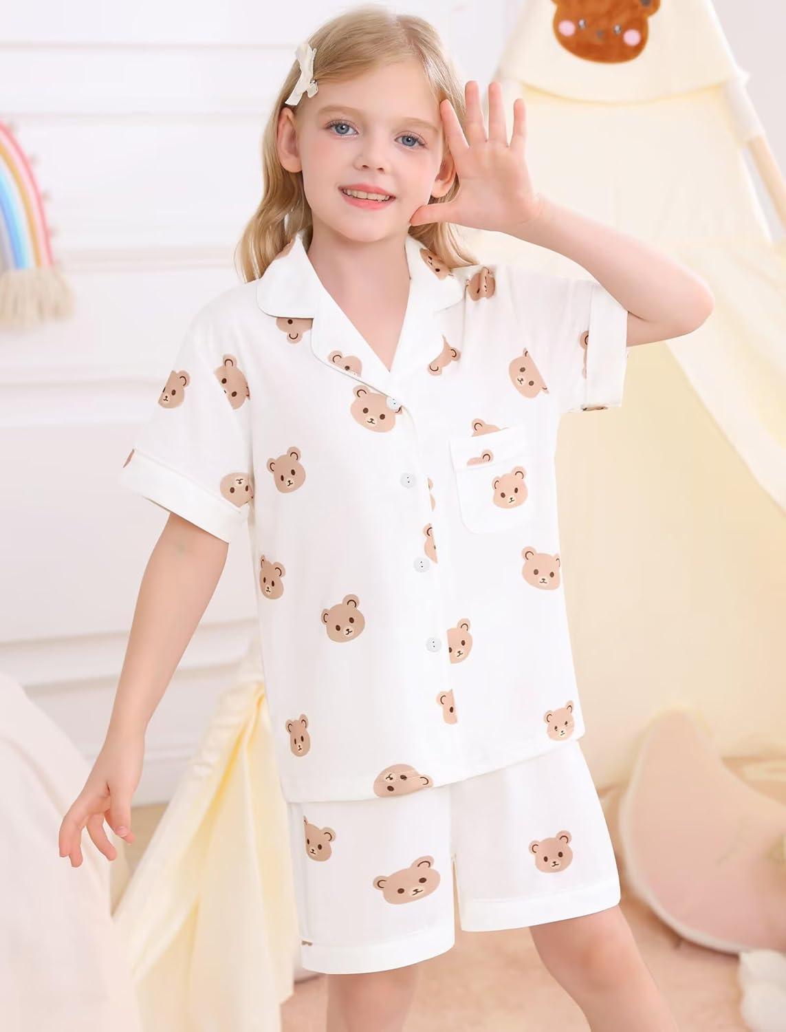 imageSWOMOG Big Girls Pajama Set 3PCS Button Dowm Sleepwear Short Sleeve with ShortampLong Pants PJs Cute Print LoungewearWhite Bear