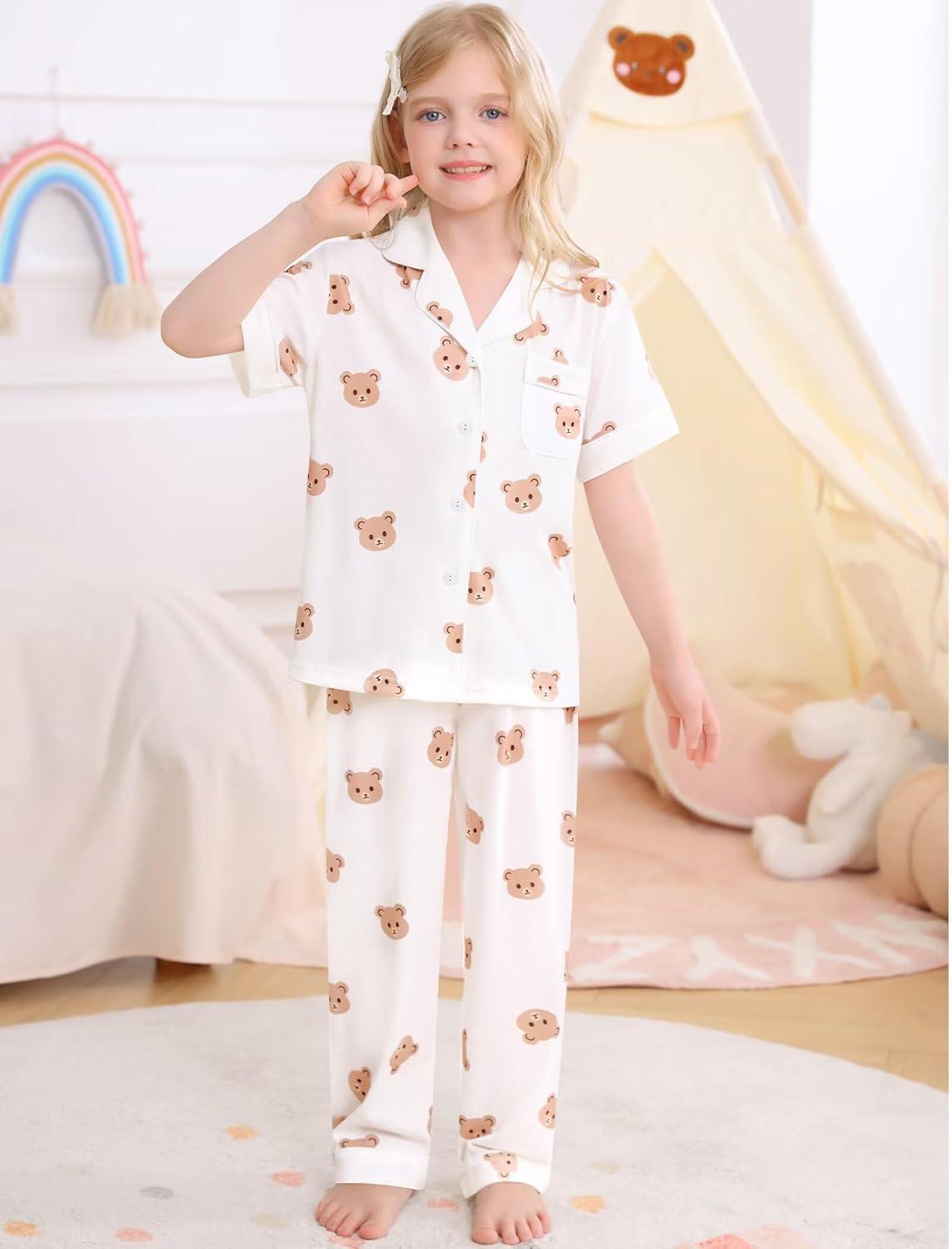 imageSWOMOG Big Girls Pajama Set 3PCS Button Dowm Sleepwear Short Sleeve with ShortampLong Pants PJs Cute Print LoungewearWhite Bear