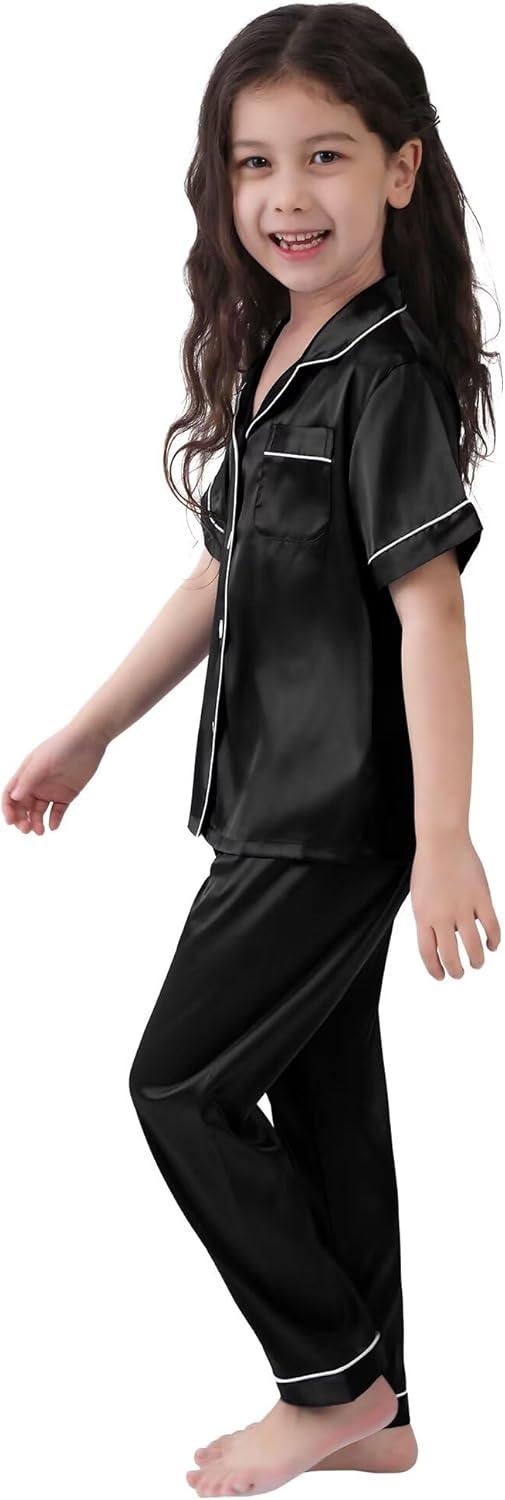 imageSWOMOG Girls Boys Silk Satin Pajamas Set ButtonDown TwoPiece PJs Lounge Sets with Long PantsBlack