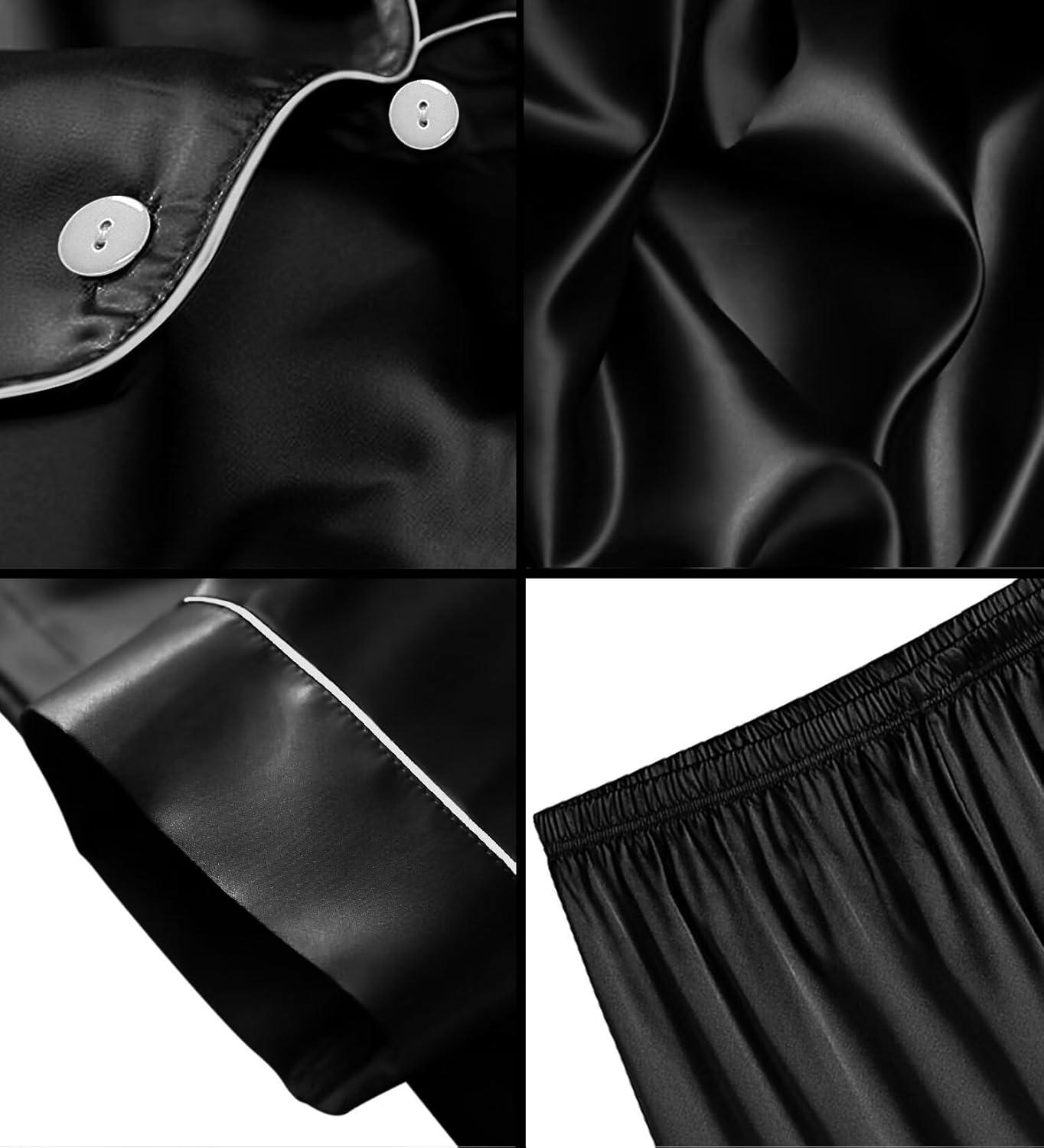 imageSWOMOG Girls Boys Silk Satin Pajamas Set ButtonDown TwoPiece PJs Lounge Sets with Long PantsBlack