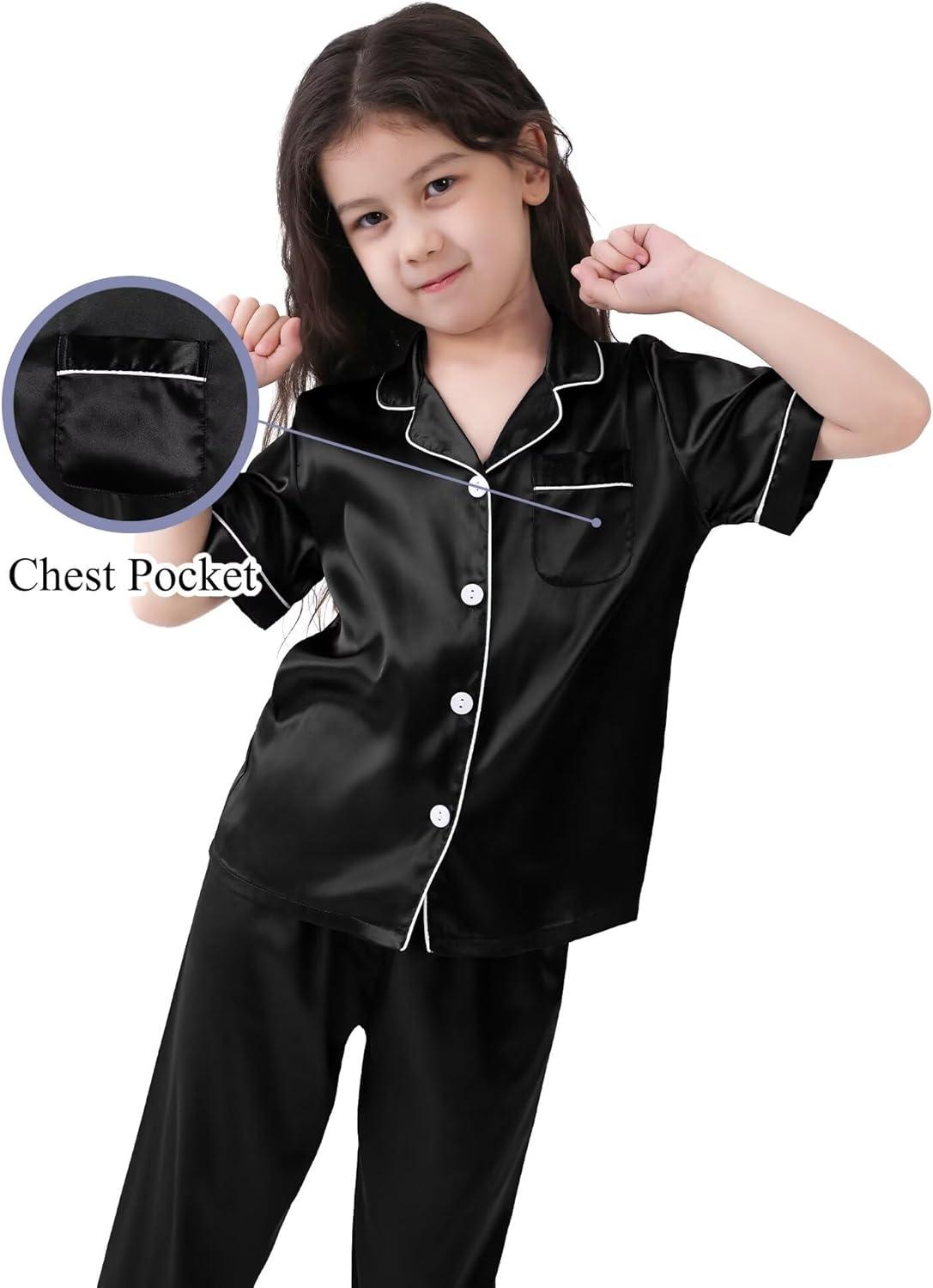 imageSWOMOG Girls Boys Silk Satin Pajamas Set ButtonDown TwoPiece PJs Lounge Sets with Long PantsBlack