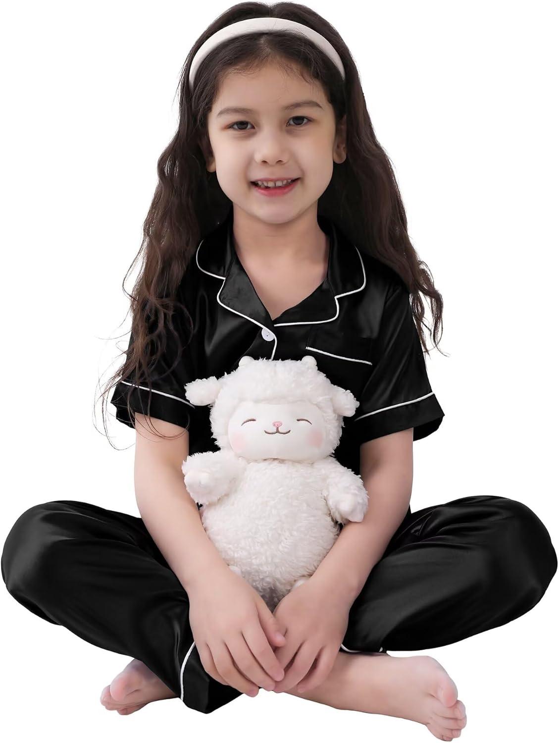 imageSWOMOG Girls Boys Silk Satin Pajamas Set ButtonDown TwoPiece PJs Lounge Sets with Long PantsBlack
