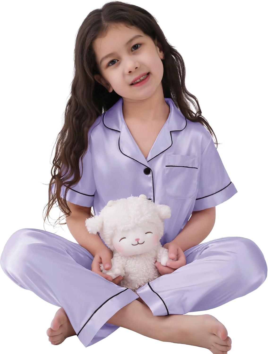 imageSWOMOG Girls Boys Silk Satin Pajamas Set ButtonDown TwoPiece PJs Lounge Sets with Long PantsLavender