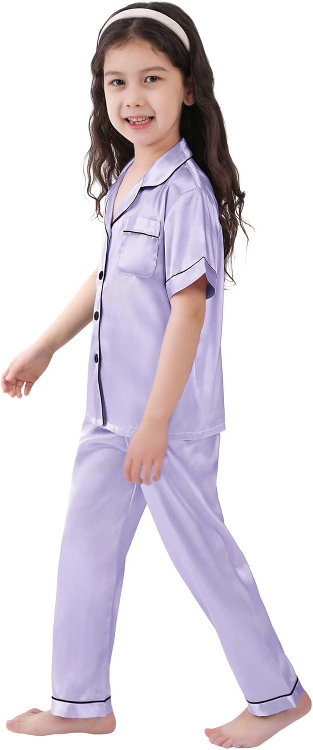 imageSWOMOG Girls Boys Silk Satin Pajamas Set ButtonDown TwoPiece PJs Lounge Sets with Long PantsLavender