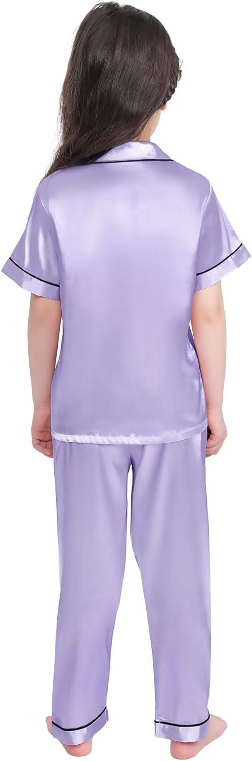 imageSWOMOG Girls Boys Silk Satin Pajamas Set ButtonDown TwoPiece PJs Lounge Sets with Long PantsLavender