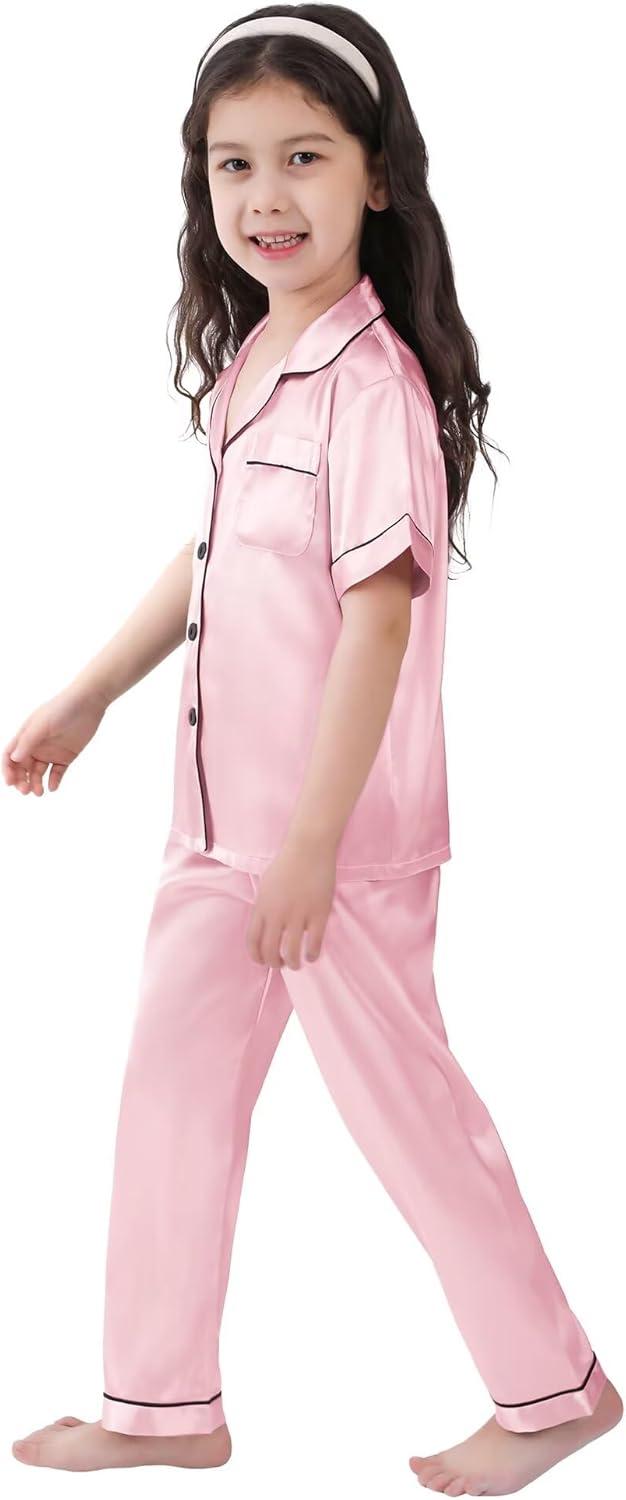 imageSWOMOG Girls Boys Silk Satin Pajamas Set ButtonDown TwoPiece PJs Lounge Sets with Long PantsPink