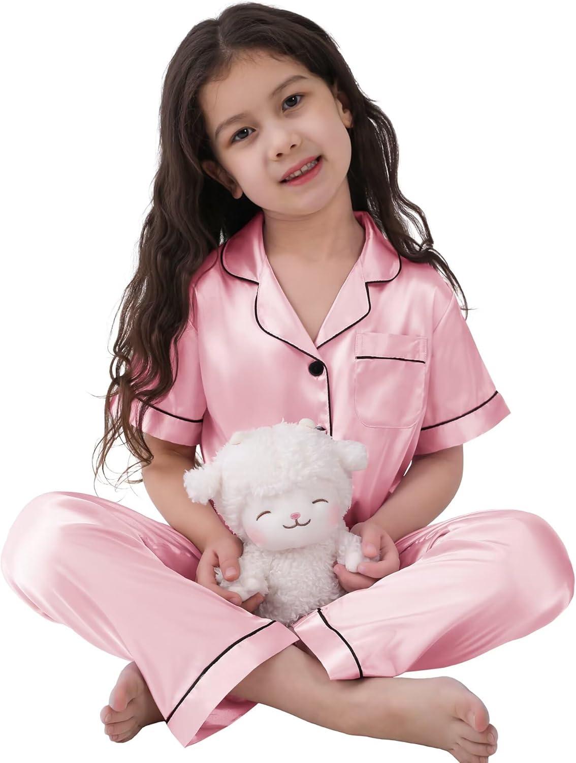imageSWOMOG Girls Boys Silk Satin Pajamas Set ButtonDown TwoPiece PJs Lounge Sets with Long PantsPink