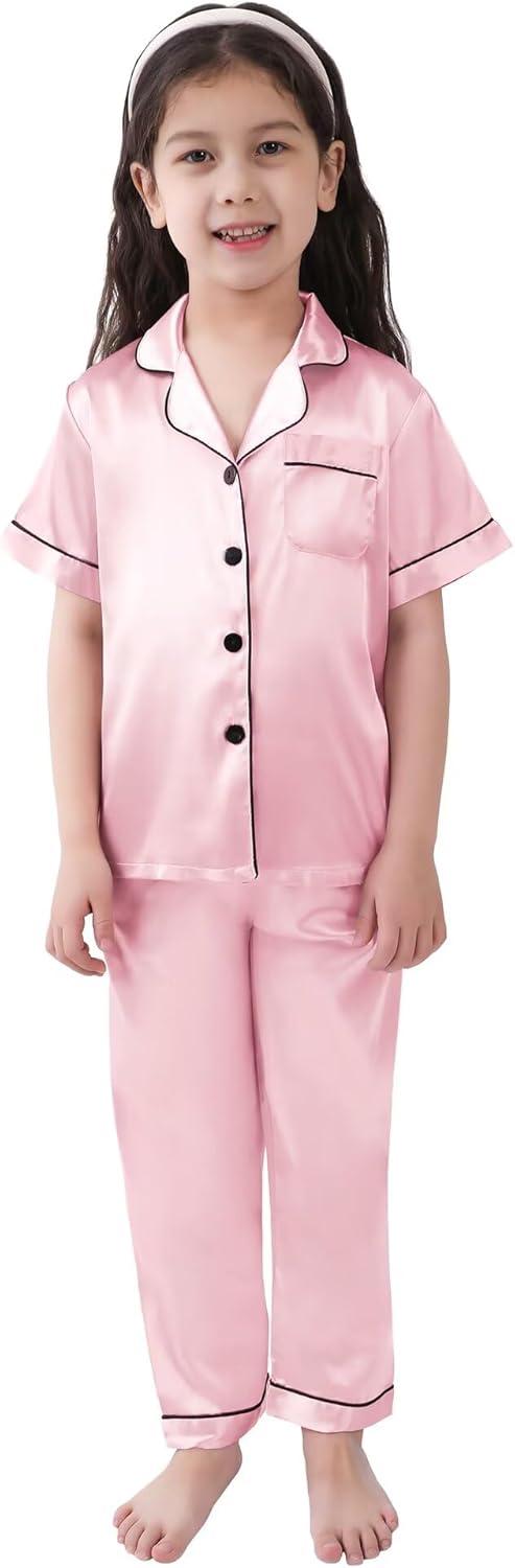 imageSWOMOG Girls Boys Silk Satin Pajamas Set ButtonDown TwoPiece PJs Lounge Sets with Long PantsPink