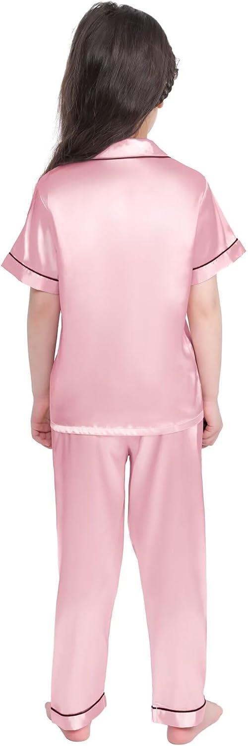 imageSWOMOG Girls Boys Silk Satin Pajamas Set ButtonDown TwoPiece PJs Lounge Sets with Long PantsPink