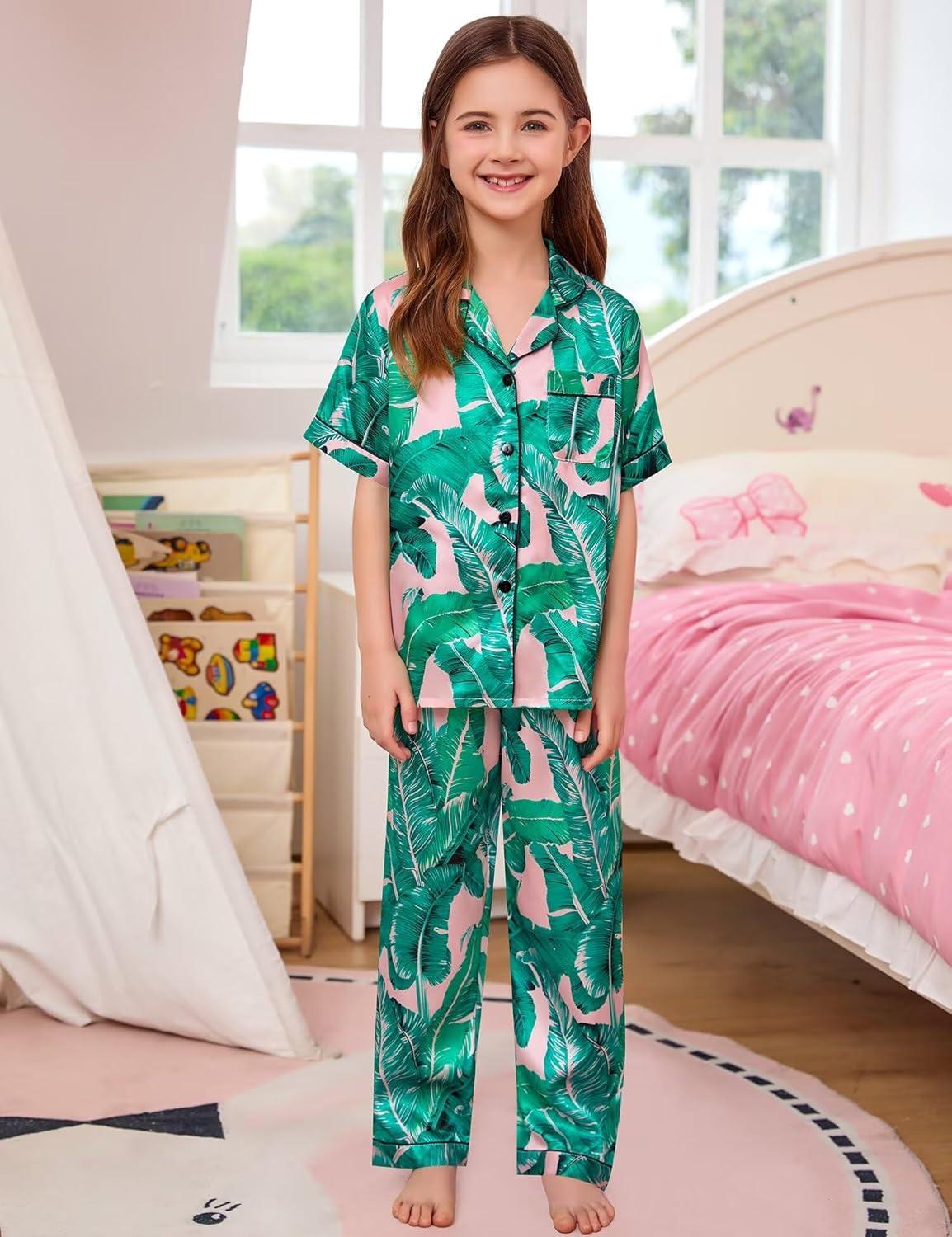 imageSWOMOG Girls Boys Silk Satin Pajamas Set ButtonDown TwoPiece PJs Lounge Sets with Long PantsPink Leaves