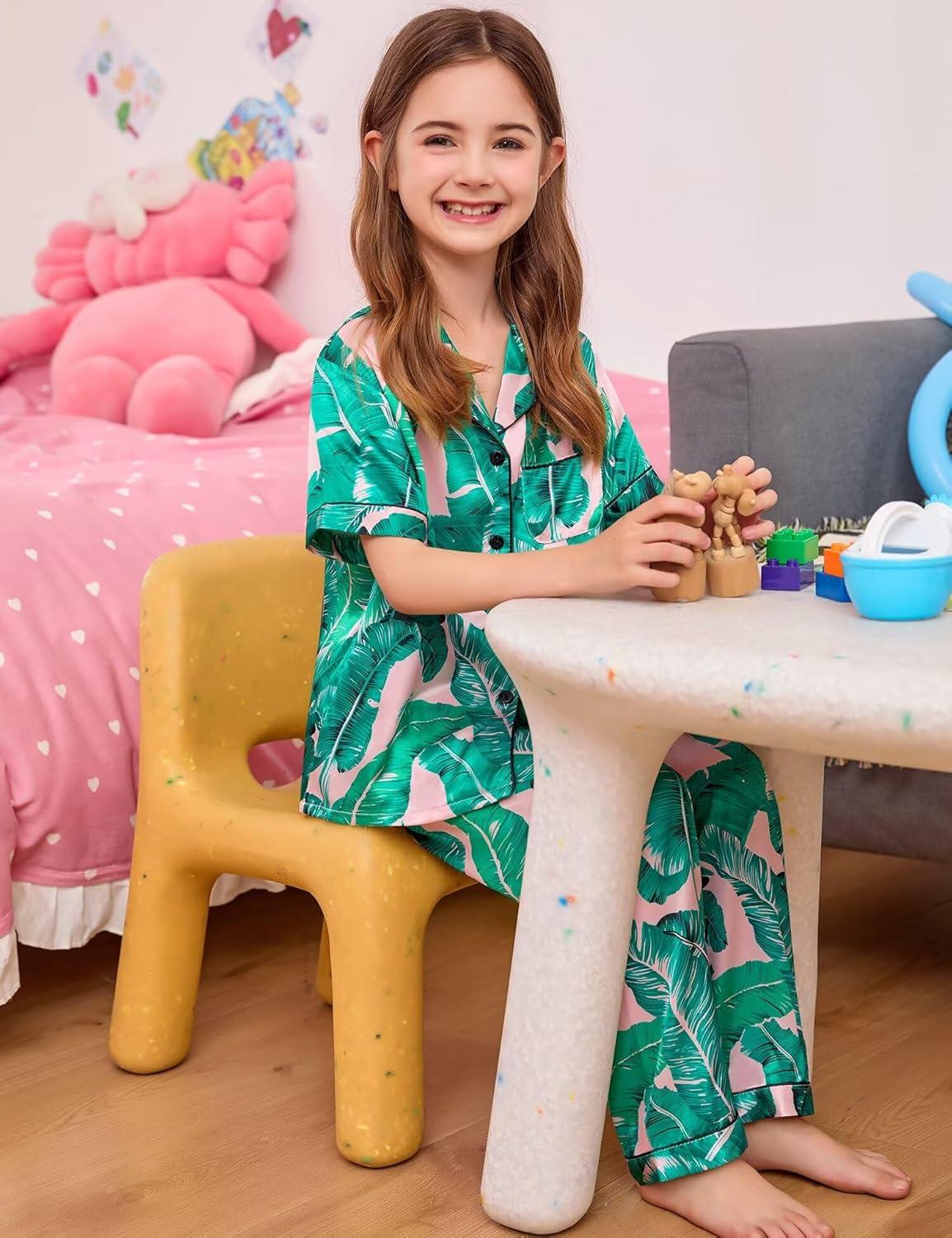 imageSWOMOG Girls Boys Silk Satin Pajamas Set ButtonDown TwoPiece PJs Lounge Sets with Long PantsPink Leaves