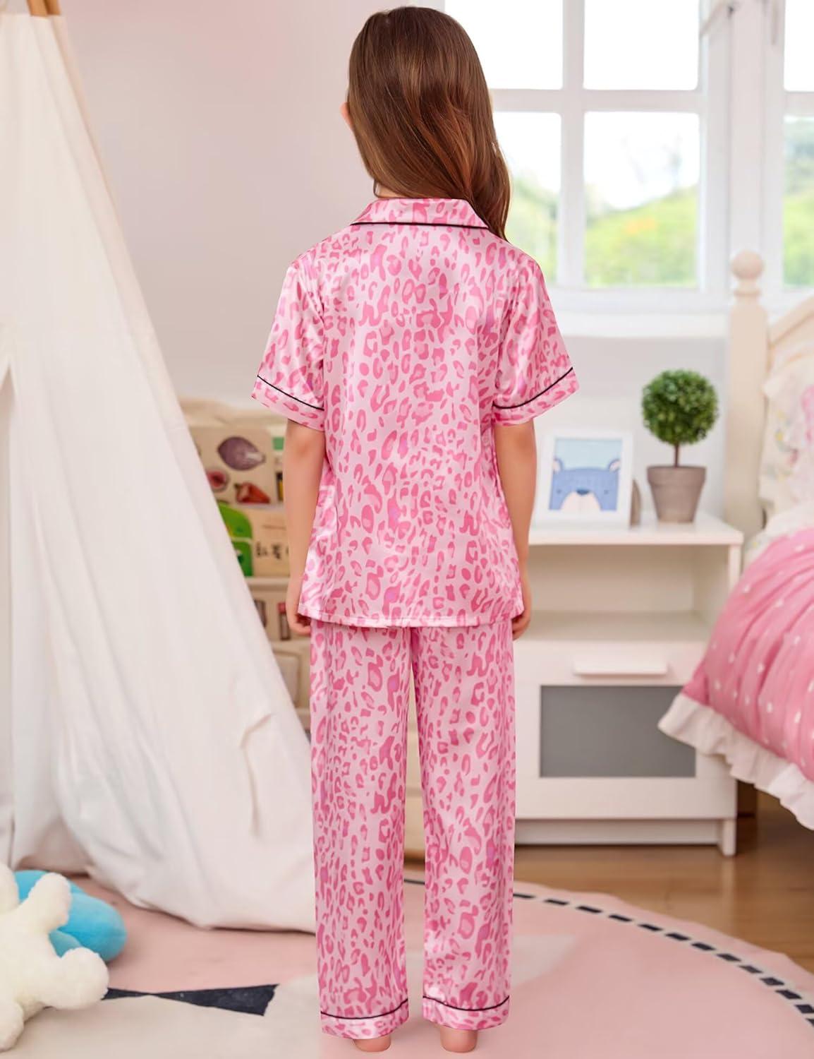 imageSWOMOG Girls Boys Silk Satin Pajamas Set ButtonDown TwoPiece PJs Lounge Sets with Long PantsPink Leopard